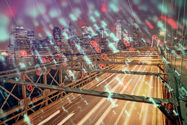 Dados tema holograma desenho na vista da cidade com arranha-céus de fundo dupla exposição. Conceito Ai. — Fotografia de Stock