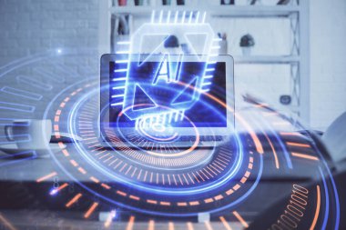 Teknoloji temalı çizim ve bilgisayarlı masa. Çoklu maruz kalma. Bilgi kavramı.