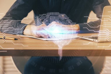 Erkek eli arka planına sahip beyin çoklu pozlama simgesi.