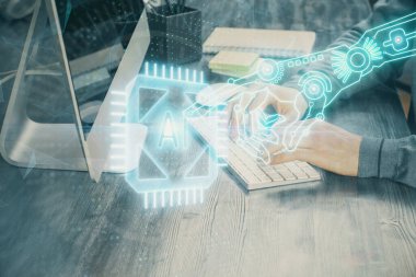 Bilgisayar arkaplanı üzerinde çalışan elleri olan iki kez teknolojik çizimlere maruz kalmış. Yenilik kavramı.