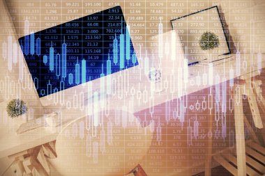 Finansal grafik çizimine ve ofis içi arka planına çifte maruz kalma. Borsa konsepti.