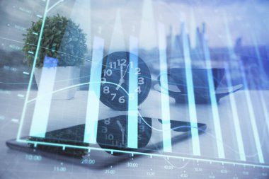 Ön x grafik çizimi ve cep telefonu arkaplanı çift pozlama. Mali veri analizi kavramı