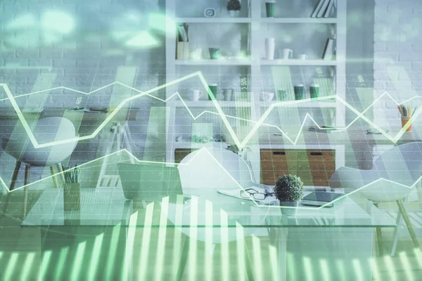 Double exposure of financial graph drawing and office interior background. Concept of stock market. — Stock Photo, Image