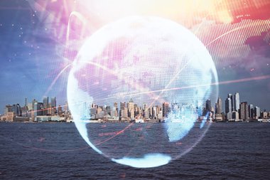 İş temalı hologram çizimine ve şehrin arka planına çifte maruz kalma. Başarı kavramı.