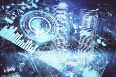 İş temalı hologram çizimine ve şehrin arka planına çifte maruz kalma. Başarı kavramı.