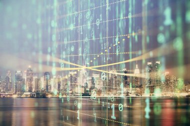 Veri temalı hologram gökdelenler arka planda çoklu pozlama ile şehir görünümüne çizim yapıyor. Ai kavramı.