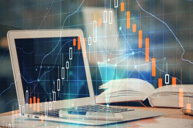 Bilgisayar geçmişi olan eski grafik hologramı. Çifte maruziyet. Finans piyasası kavramı.