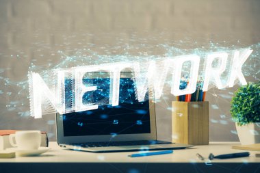 Arka planda kişisel bilgisayarı ve teknik tema çizimi olan iki kat masaüstü görüntüsü. Veri analizi kavramı.