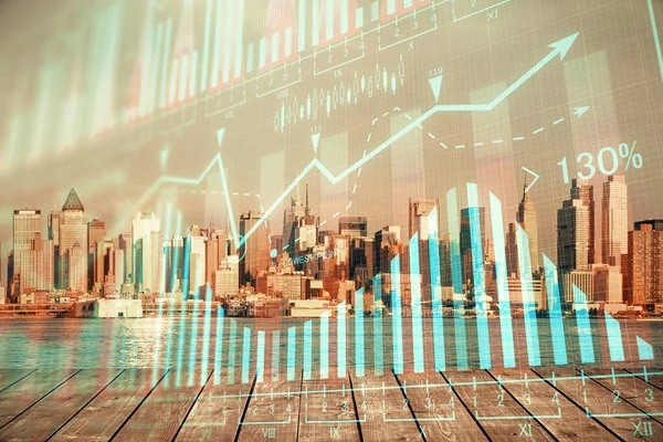 Forex graph on city view with skyscrapers background multi exposure. Financial analysis concept. — Stock Photo, Image