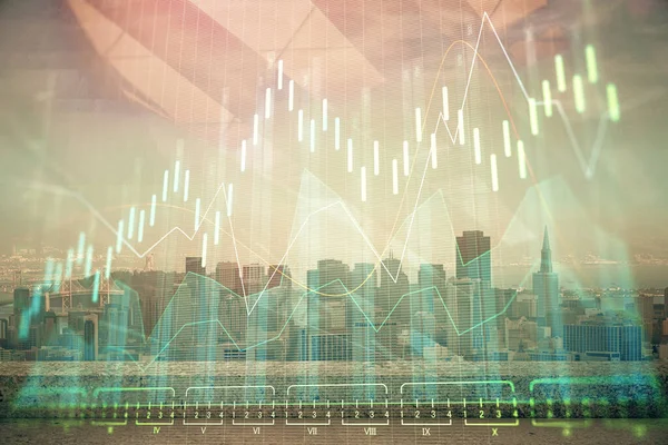 Forex graph on city view with skyscrapers background multi exposure. Financial analysis concept. — Stock Photo, Image