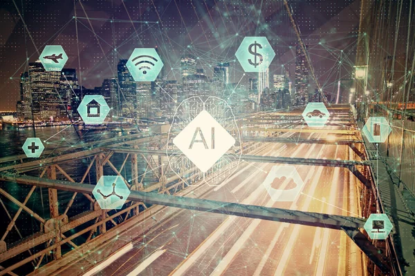 Data theme hologram drawing on city view with skyscrapers background double exposure. Ai concept. — Stock Photo, Image