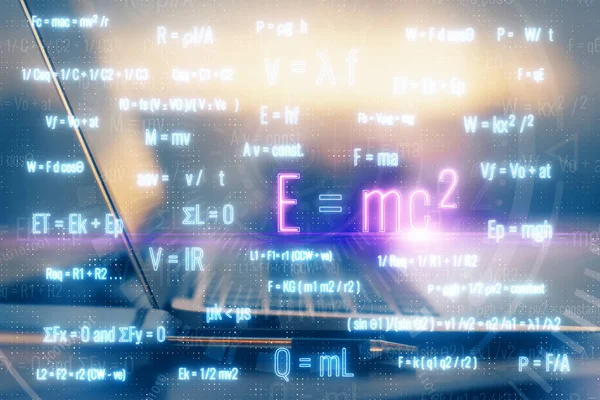 Desktop computer background and formula hologram writing. Double exposure. Education concept. — Stock Photo, Image