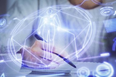 Eğitim temalı hologram, kadınların el yazısı üzerine. Öğrenim anlayışı. Çift pozlama