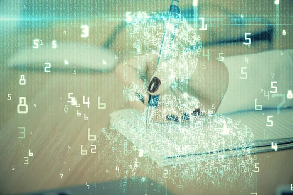 Multi exposure of womans writing hand on background with data technology hud. Big data concept.
