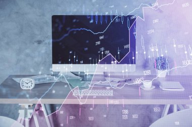 Finansal grafik çizimi ve ofis içi arka planının çoklu pozu. Pazar analizi kavramı.