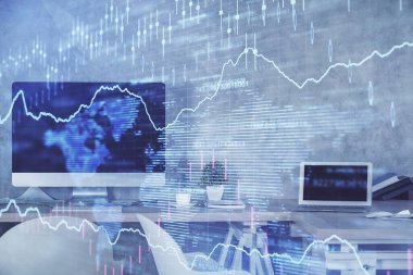 Finansal grafik çizimi ve ofis içi arka planının çoklu pozu. Pazar analizi kavramı.