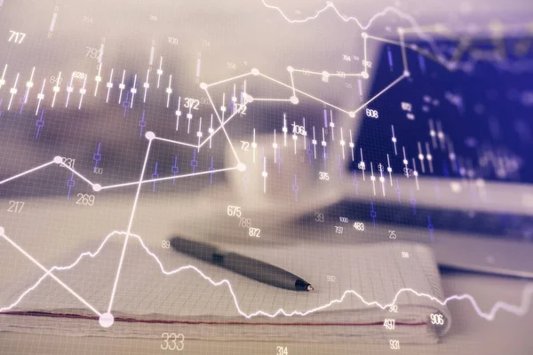 Double exposure of financial graph drawings and desk with open notebook background. Concept of forex market — Stock Photo, Image