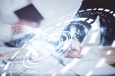 Veri temalı çizimin arka plan yazan insanların üzerine çifte pozlanması. Teknoloji kavramı