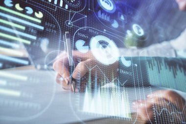 Veri temalı çizimin arka plan yazan insanların üzerine çifte pozlanması. Teknoloji kavramı