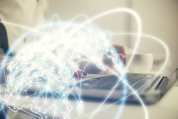 Multi exposure of woman hands typing on computer and business theme hologram drawing. Success concept. — Stock Photo, Image