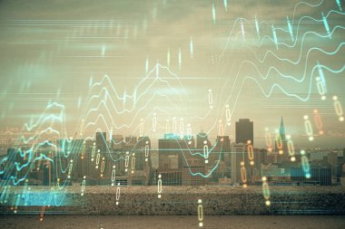 Gökdelenler arka planda çoklu pozlama ile şehir görünümünde eski grafik. Mali analiz kavramı.