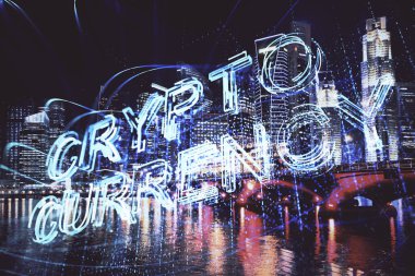 Kripto para birimi temalı hologram çizimine ve şehrin arka planına çoklu maruz kalma. Engelleme zinciri ve bitcoin kavramı.