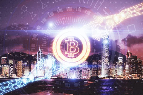 Multi exposure of cryptocurrency theme hologram drawing and city veiw background. Concept of blockchain and bitcoin. — Stock Photo, Image