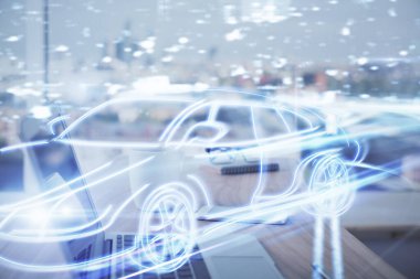 Otomobil hologramı çizimi olan masaüstü bilgisayar arkaplanı. Çoklu maruz kalma. Teknoloji kavramı.