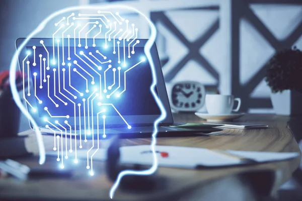 Dubbel exponering av arbetsbord med dator och hjärna skiss hologram. Brainstorming-konceptet. — Stockfoto