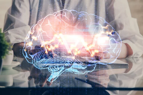 Mehrfachbelichtung der Schreibhand auf dem Hintergrund mit Gehirn-Hologramm. Konzept des Selbstlernens. — Stockfoto