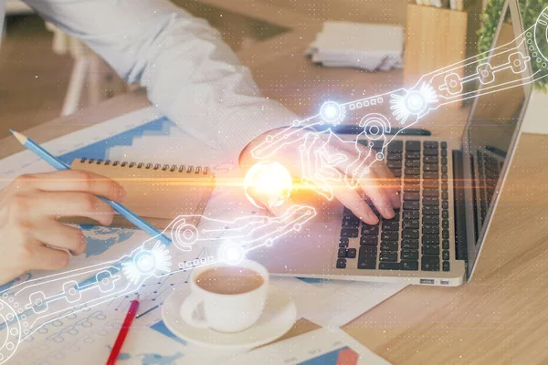 Doppelbelichtung von Daten Internet-Thema Hologramm mit Mann arbeitet am Computer auf Hintergrund. Konzept der Innovation. — Stockfoto