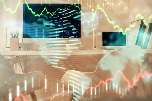 Двойная экспозиция графика фондового рынка и внутреннего фона офиса. Концепция финансового анализа. — стоковое фото
