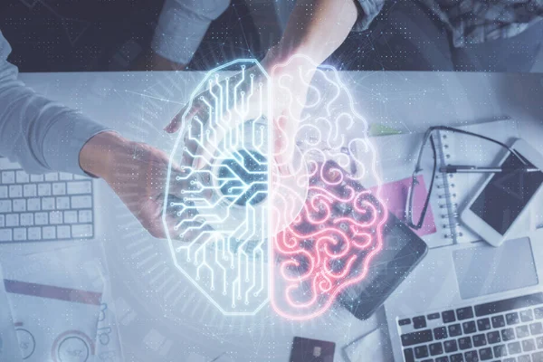 Double exposure of man and woman working together and human brain hologram drawing. Brainstorm concept. Computer background. Top View. — Stock Photo, Image
