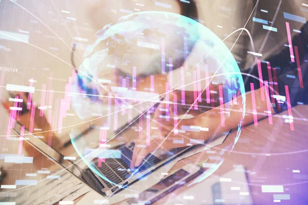 Multi exposure of woman hands typing on computer and financial chart hologram drawing. Stock market analysis concept. — Stock Photo, Image