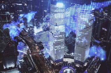 İş temalı hologram çizimine ve şehrin arka planına çifte maruz kalma. Başarı kavramı.