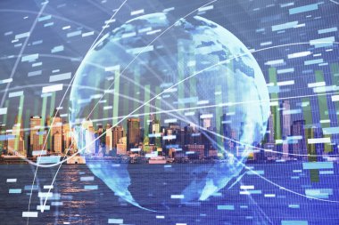 İş temalı hologram çizimine ve şehrin arka planına çifte maruz kalma. Başarı kavramı.