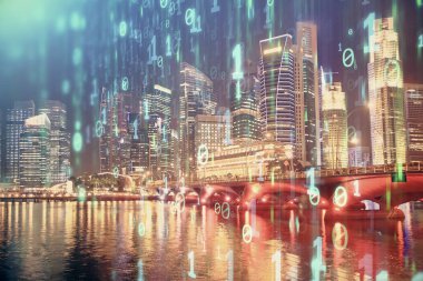 Veri temalı hologram gökdelenler arka planda çoklu pozlama ile şehir görünümüne çizim yapıyor. Ai kavramı.