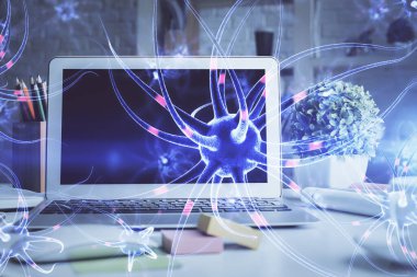 Masaüstü bilgisayar arkaplanı ve nöron çizimi. Çifte maruziyet. Eğitim kavramı.