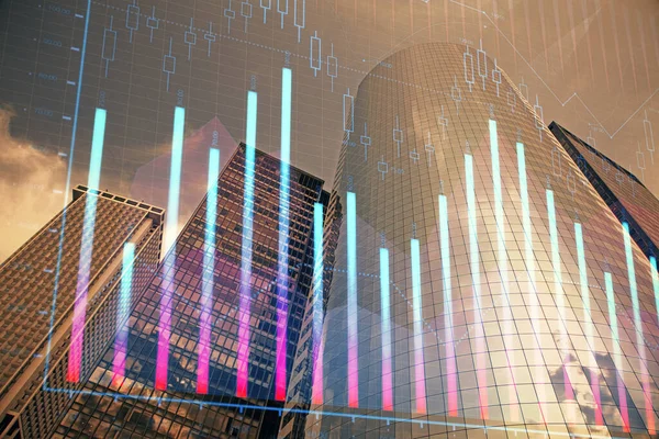 Forex diagramă pe peisaj urban cu zgârie-nori tapet multi expunere. Conceptul de cercetare financiară . — Fotografie, imagine de stoc