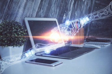 Bilgisayarın arka plan ve teknoloji temalı çizimlerine çoklu maruz kalma. Yenilik kavramı.