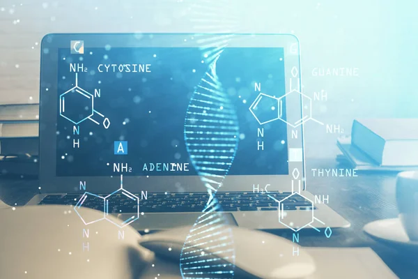 台式计算机背景和DNA绘图。加倍暴露。科学概念. — 图库照片