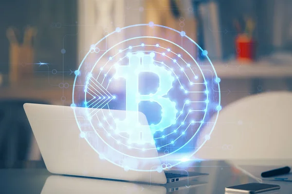 Multi exposure of blockchain theme hologram and table with computer background. Concept of bitcoin crypto currency. — Stock Photo, Image