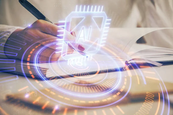 Mehrfachbelichtung der Schreibhand auf dem Hintergrund mit Datenhologramm. Konzept der Innovation. — Stockfoto