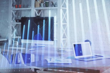 Finansal grafik çizimine ve ofis içi arka planına çifte maruz kalma. Borsa konsepti.