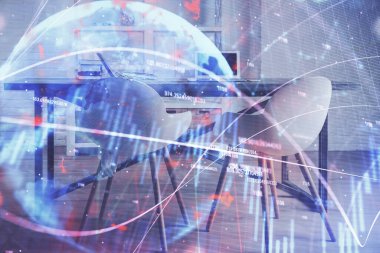 Finansal grafik çizimi ve ofis içi arka planının çoklu pozu. Pazar analizi kavramı.