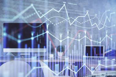 Finansal grafik çizimi ve ofis içi arka planının çoklu pozu. Pazar analizi kavramı.