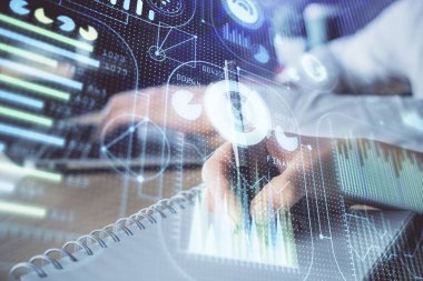 Veri temalı çizimin arka plan yazan insanların üzerine çifte pozlanması. Teknoloji kavramı