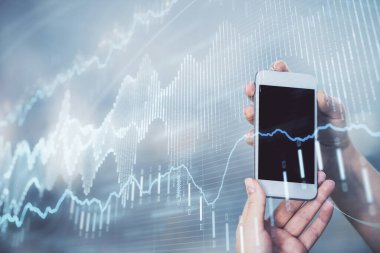 Ön x grafik çizimine çift pozlama hologram ve cep telefonu kullanan bir kadın. Borsa konsepti.