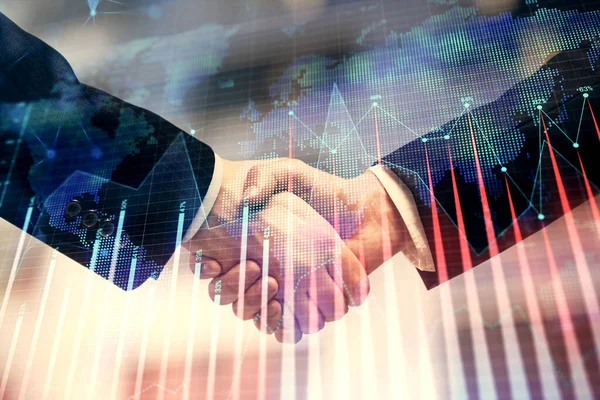 Double exposure of forex graph hologram and handshake of two men. Stock market concept. — Stock Photo, Image