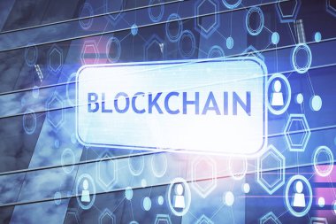 Kripto para birimi temalı hologram çizimine ve şehrin arka planına çoklu maruz kalma. Engelleme zinciri ve bitcoin kavramı.